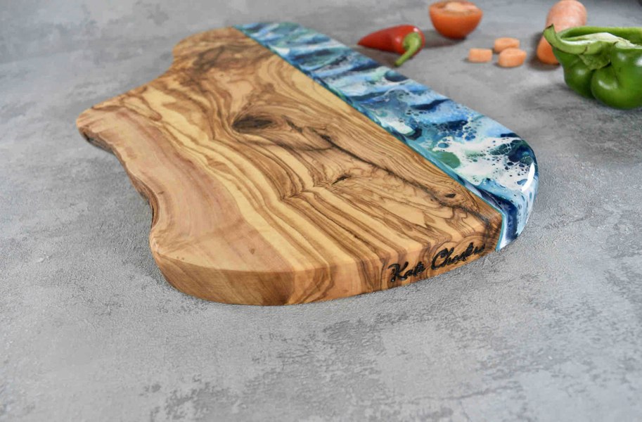 Large Rustic Olive Wood Board with Ocean Blue Resin Art 40cm 