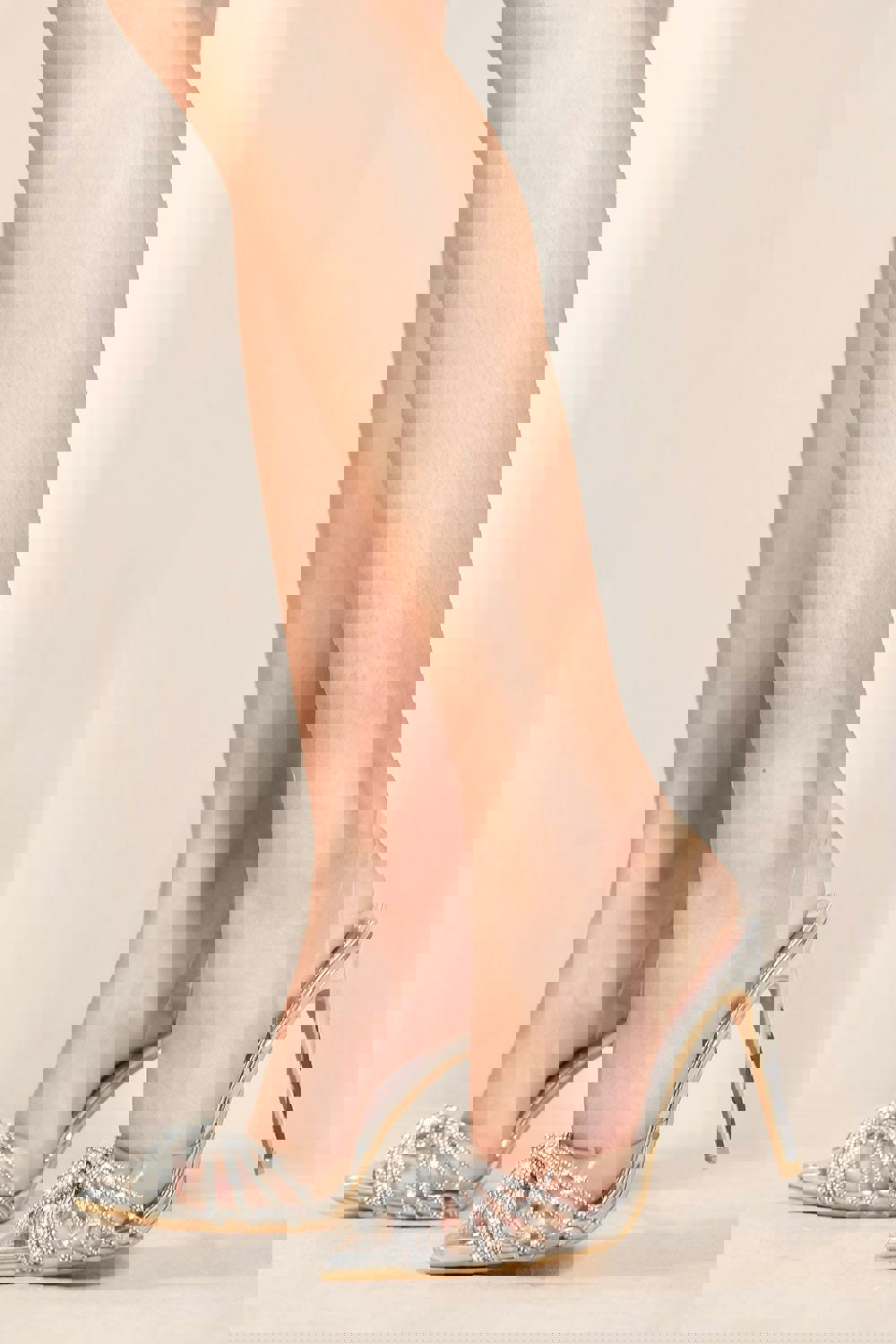 Where's That From Oriel Perspex Pointed Toe High Heels With Diamante Straps in Moon Silver Patent Faux Leather
