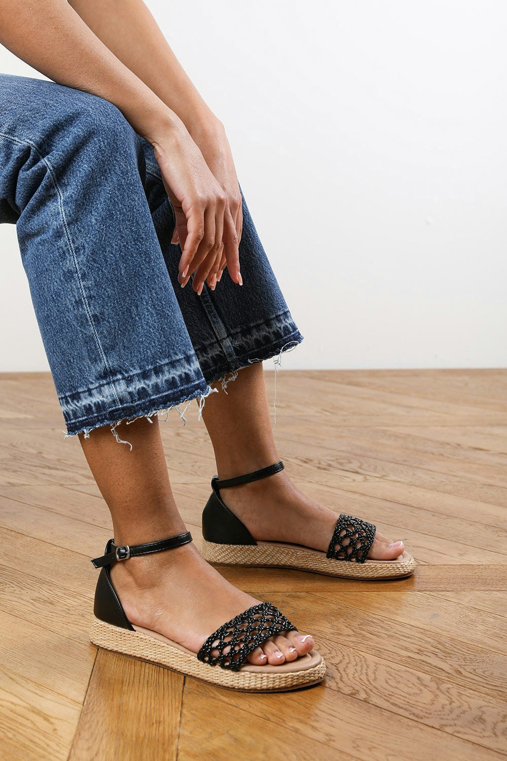 Where's That From Brooklyn Black Faux Leather Handwoven Flatform Espadrille Sandal