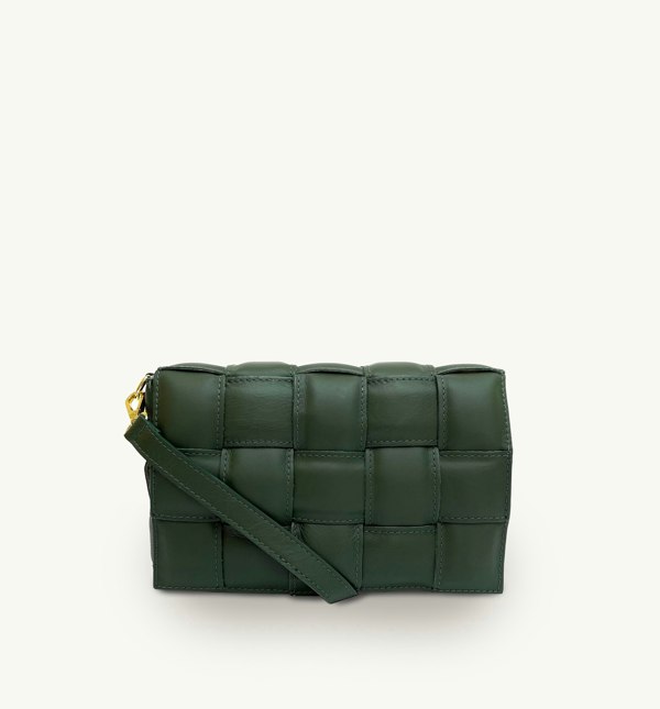 Apatchy London Padded Woven Leather Crossbody Bag with Gold Chain Strap - Racing Green