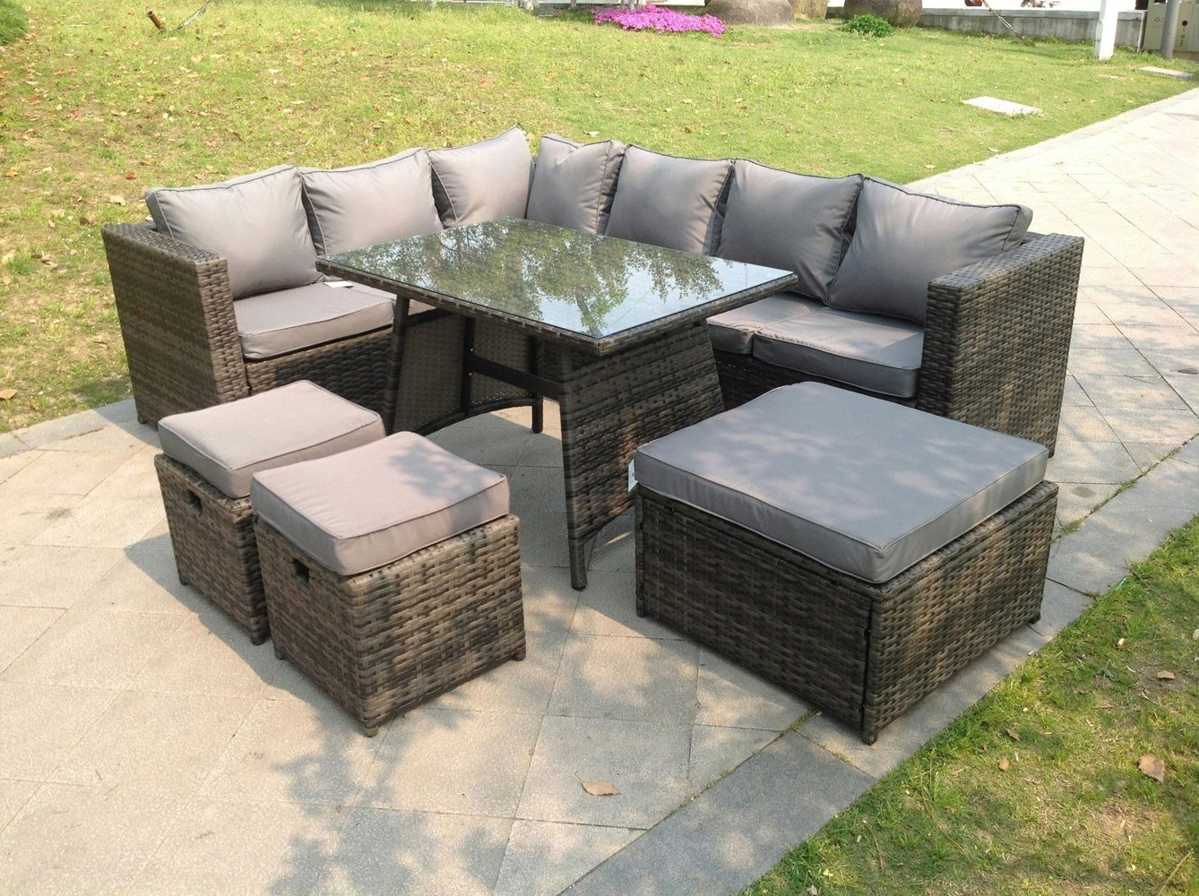 Fimous 9 Seater Rattan Corner Sofa Set Dining Table Footstool Garden Furniture Patio