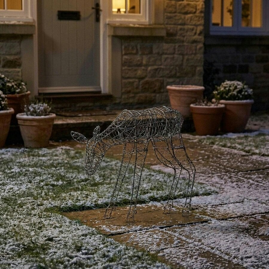 Garden Greatness Twinkling Lit White Metal Grazing Reindeer