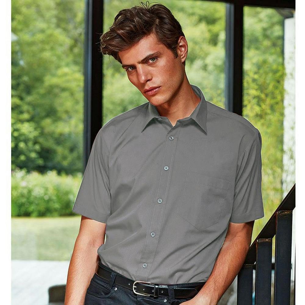 Premier Mens Short Sleeve Formal Poplin Plain Work Shirt - Dark Grey
