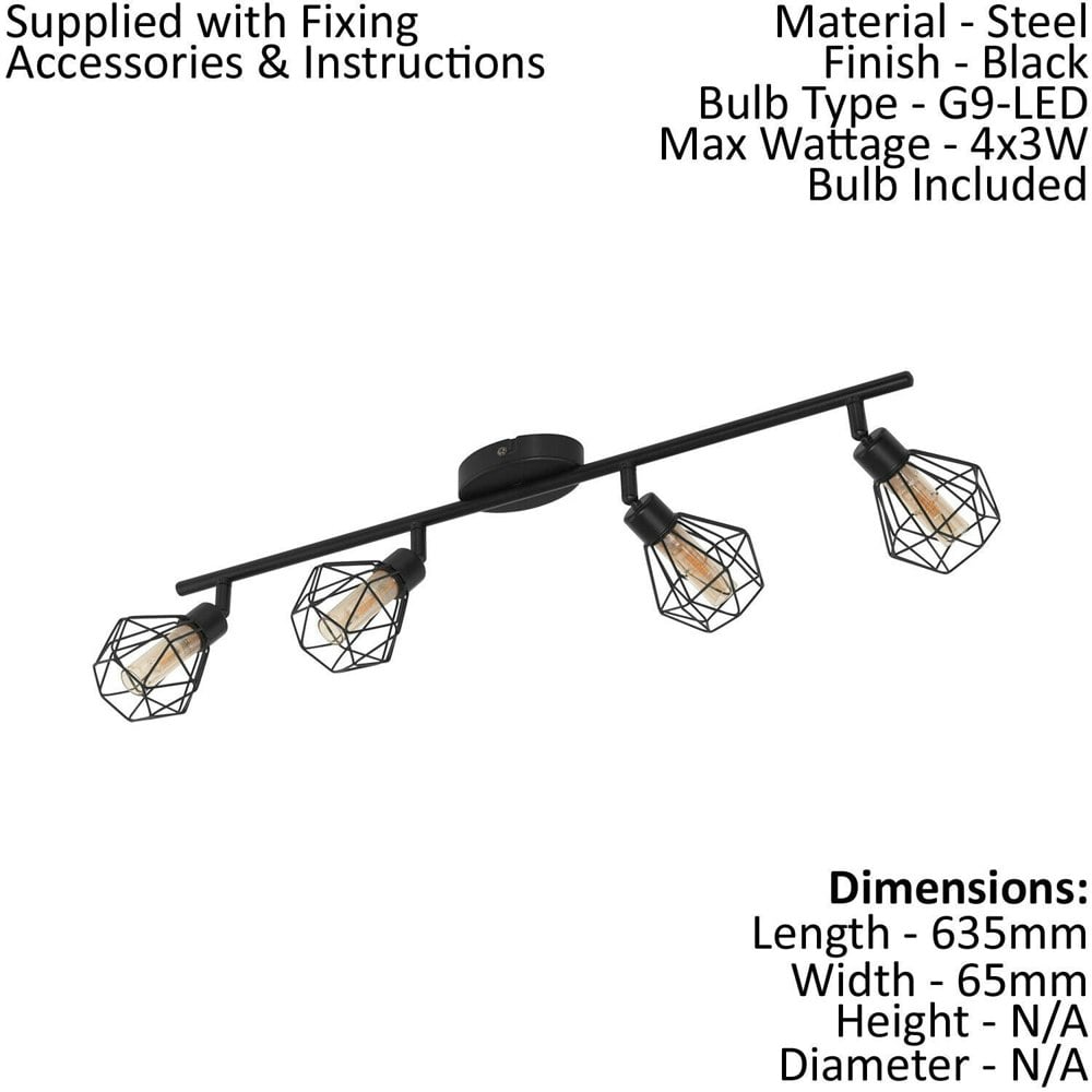 Flush 4 Spots Ceiling Light Colour Black Shade Amber Glass Bulb G9 4x3W Loops