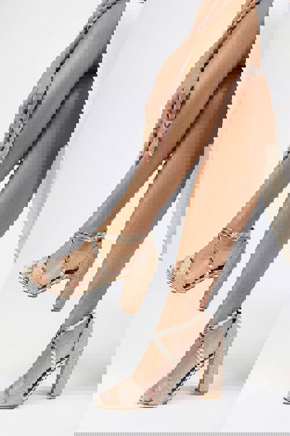 Where's That From Anomie Mid High Block Heel Sandals With Cross Over Ankle Strap in Gold