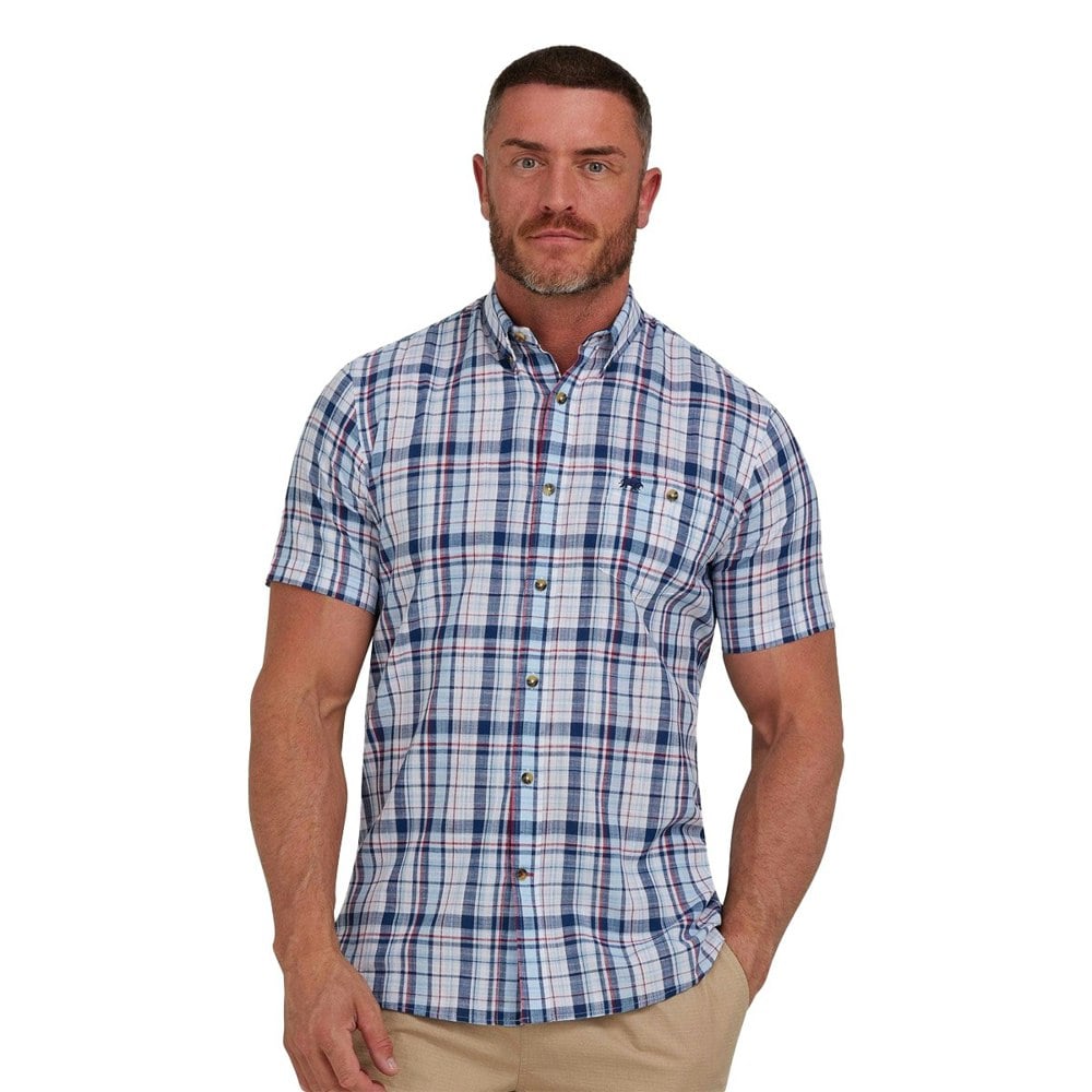 Raging Bull Mens Large Check Linen-Look Short-Sleeved Shirt - Navy