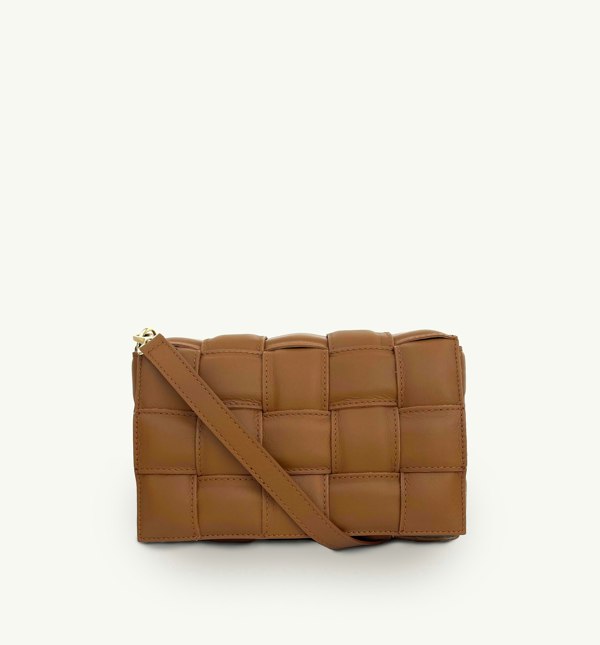 Apatchy London Padded Woven Leather Crossbody Bag With Gold Chain Strap - Tan