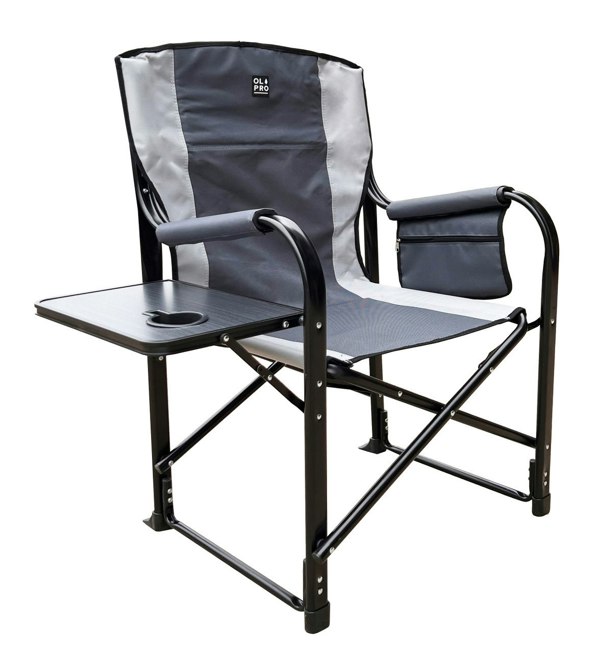 The OLPRO Directors Camping Chair in grey with the side table up pictured with a white background.