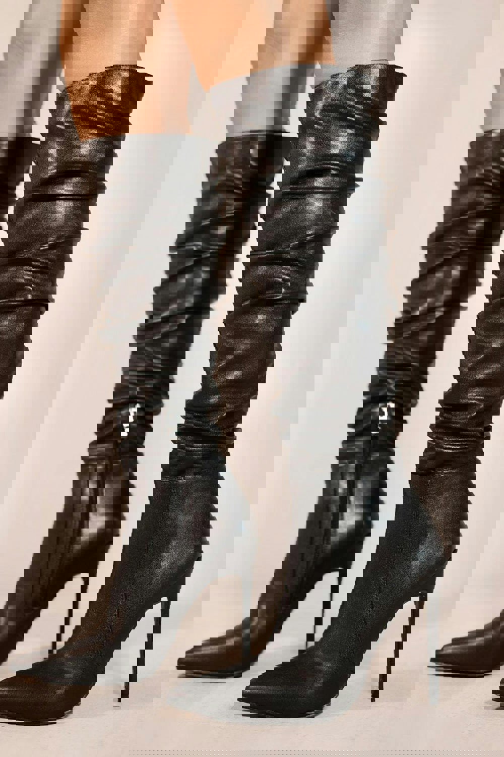 Where's That From Londyn Stiletto Ruched Knee High Boots With Pointed Toe in Black Faux Leather