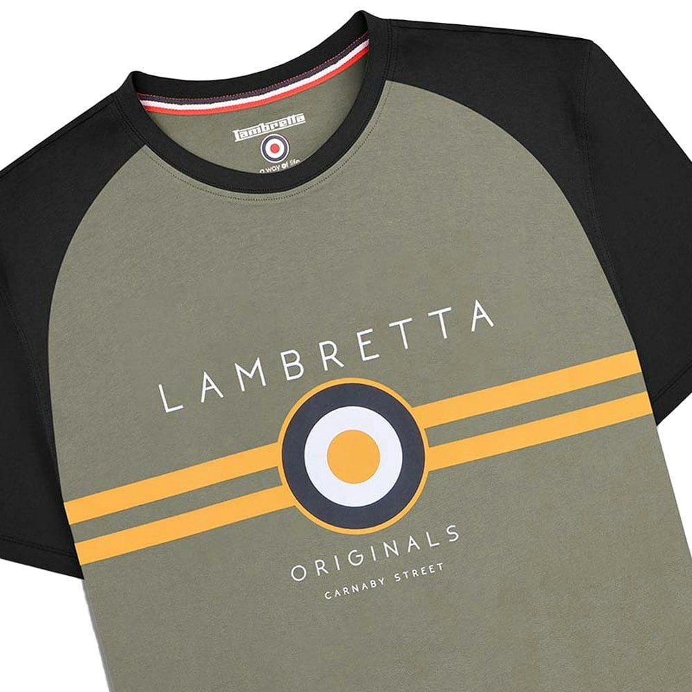 Lambretta Mens SS24 Target Raglan T-Shirt - Black/Gold/Khaki Green