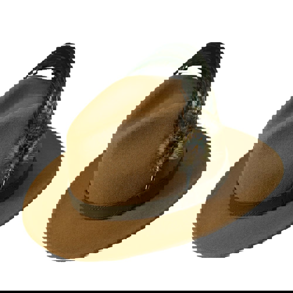 Gamble & Gunn Settler Fedora - Camel Brown With Feather Brooch 1
