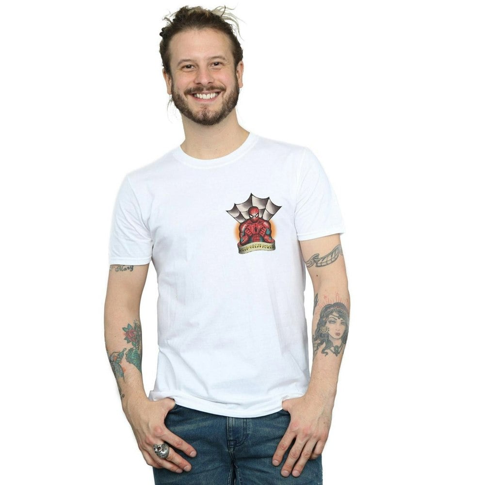 Marvel Mens Spider-Man Tattoo Breast Print T-Shirt - White
