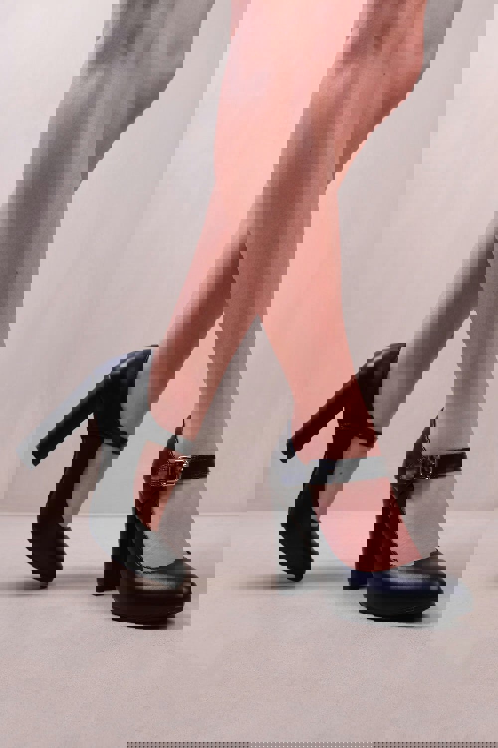 Where's That From Michelle Block High Heel Pump With Front Buckle Strap in Black Faux Leather
