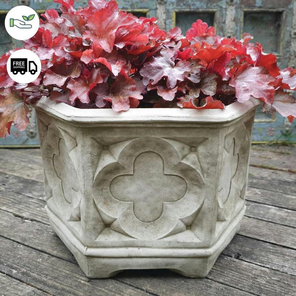 Hexagonal Gothic style Stone Cast Flowerpot