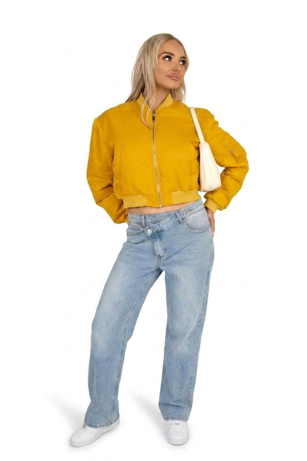 Melina Cropped Long Sleeve Zip Up Puffer Jacket - Mustard_wb