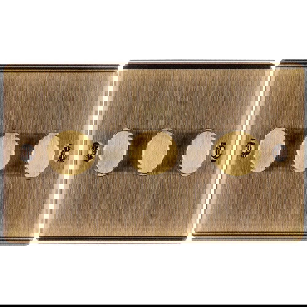 3 Gang 400W LED 2 Way Rotary Dimmer Switch ANTIQUE BRASS Light Dimming Plate