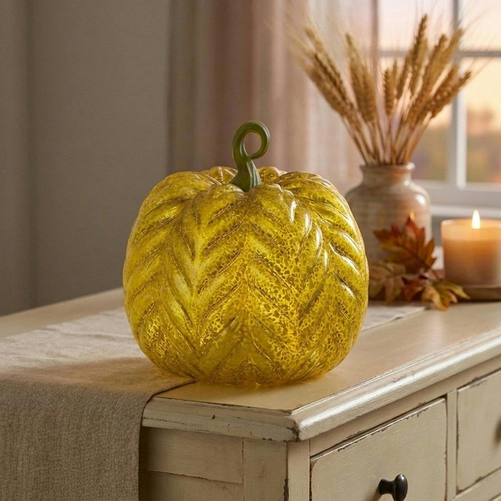 Garden Greatness Olive Glass Pumpkin Autumn Table Light