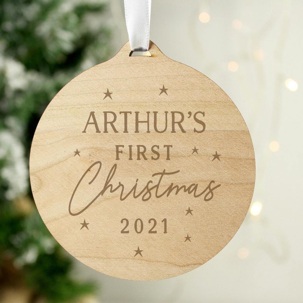 Personalised Baby's First Christmas Wooden Tree Decoration - detail view