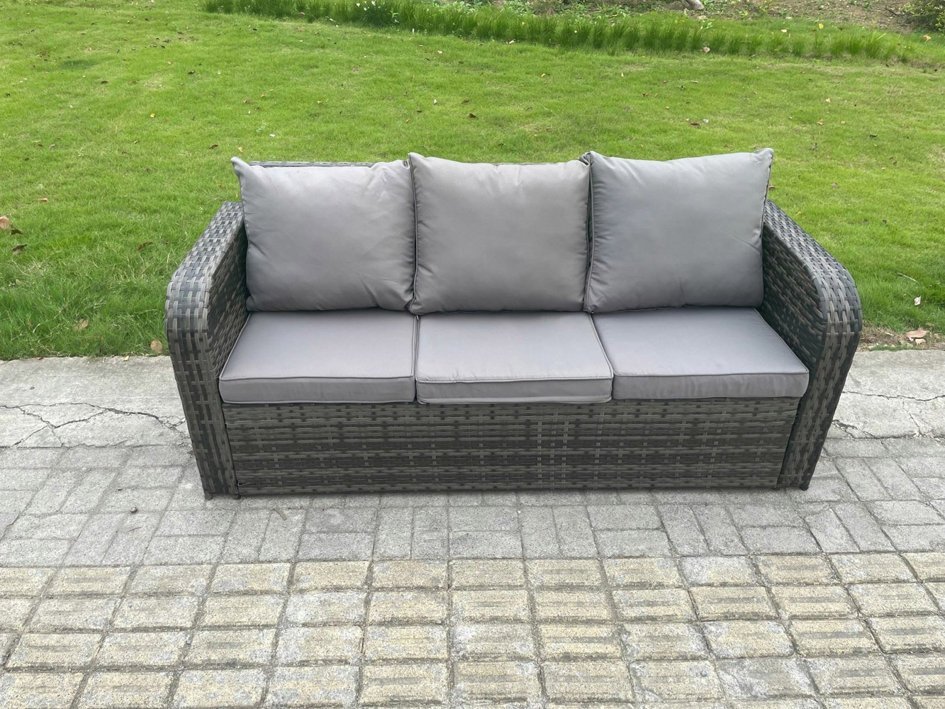 Fimous 10 Seater Outdoor Rattan Garden Furniture Set Rattan Lounge Sofa Set with Rectangular Coffee Table 2 Side Tables 3 Footstools Dark Grey Mixed