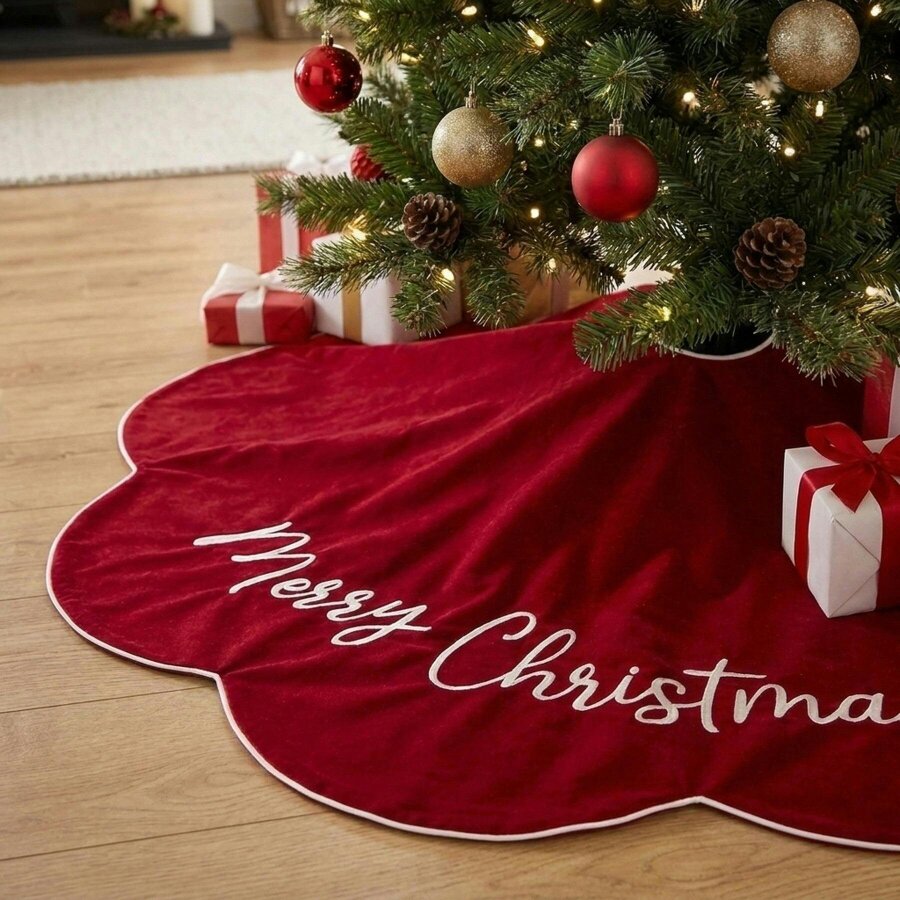 Garden Greatness Classic Red Embroidered Merry Christmas Tree Skirt