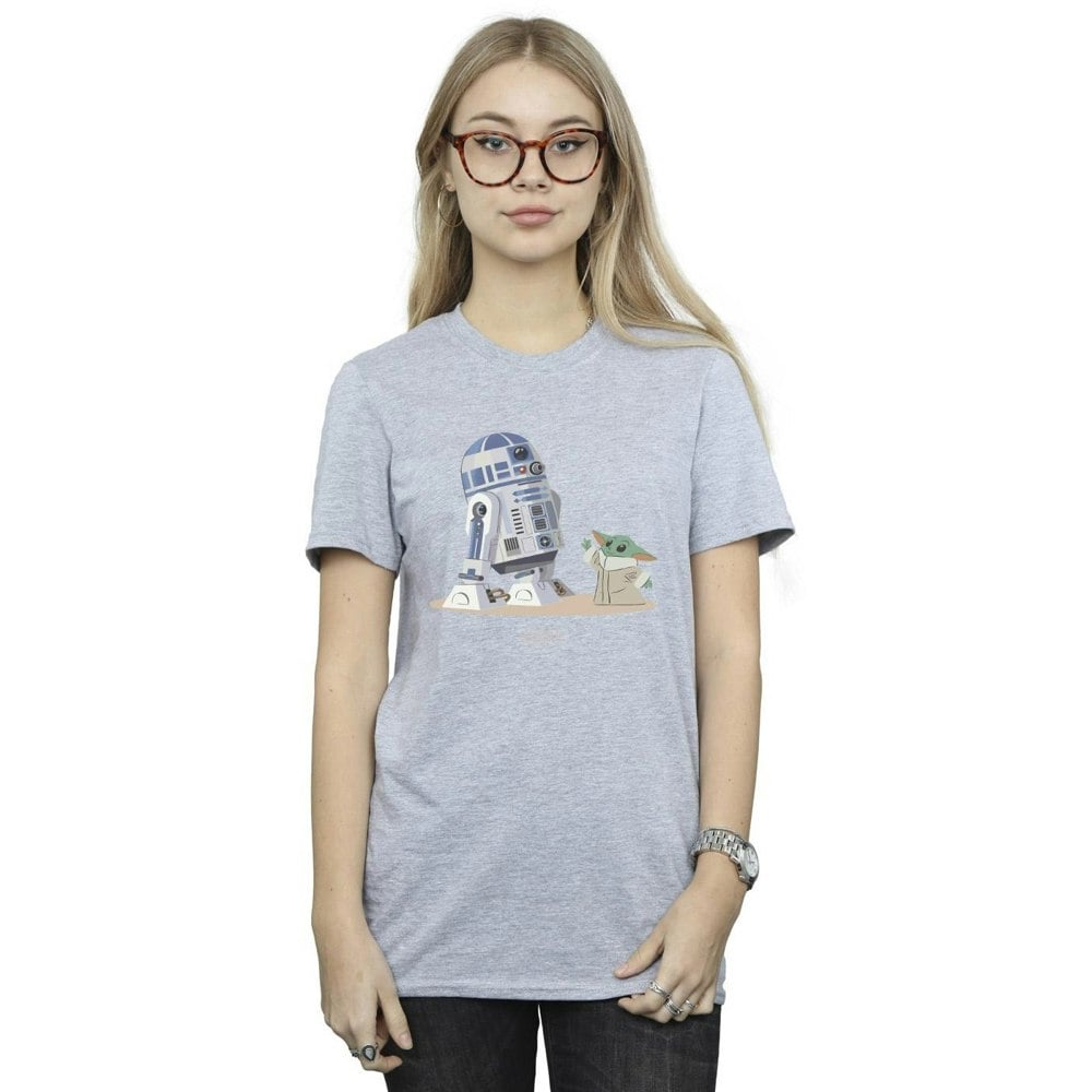 Star Wars Womens/Ladies The Mandalorian R2D2 And Grogu Cotton Boyfriend T-Shirt - Sports Grey