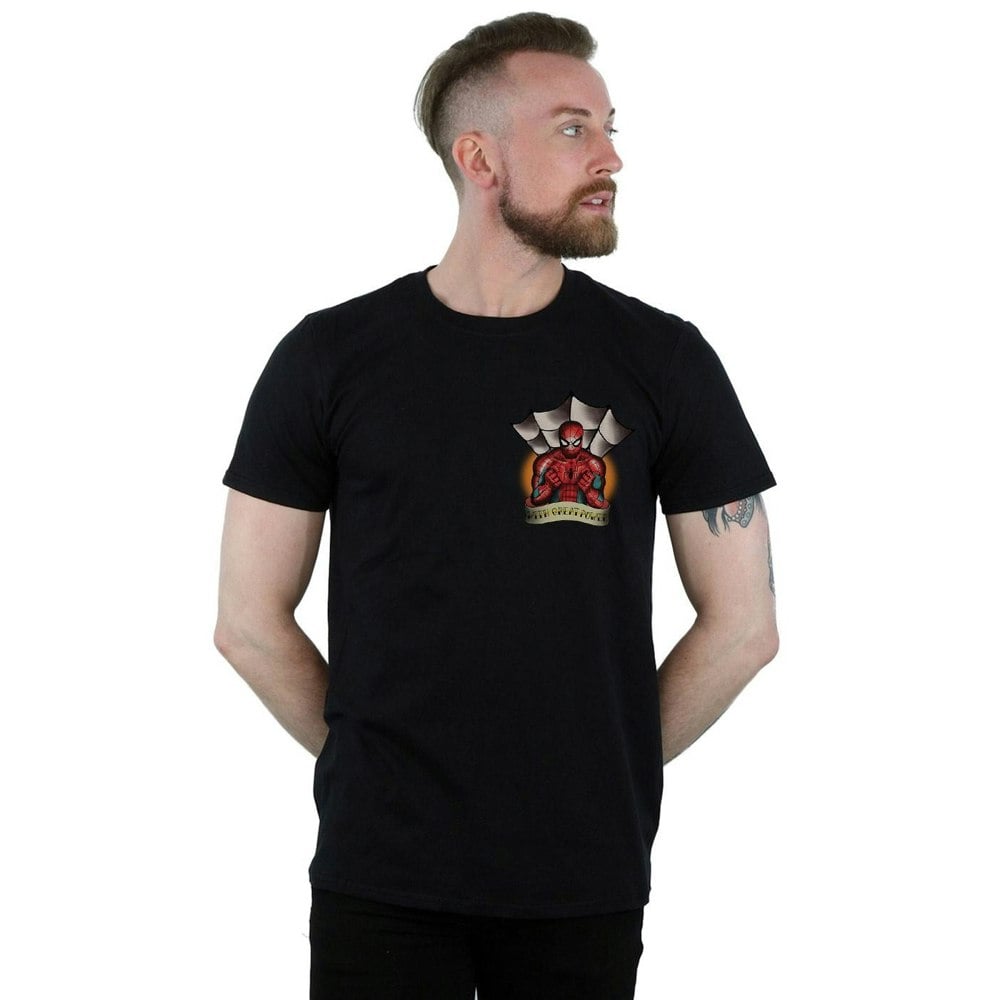 Marvel Mens Spider-Man Tattoo Breast Print T-Shirt - Black