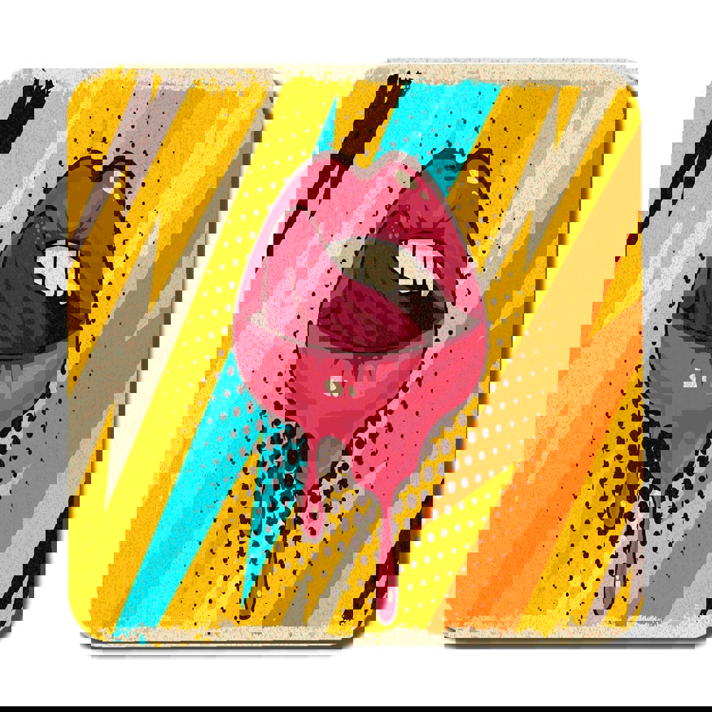 Benjamin Tate Design Pink, red lips, mouth and tongue icon on pop art retro vintage colorful background (Coaster)