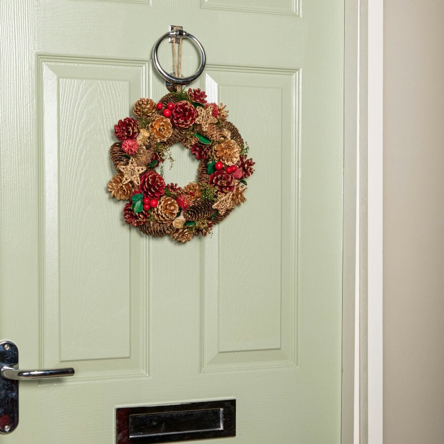 Samuel Alexander 30cm Red Hanging Christmas Wreath with Red Berries and Pinecones