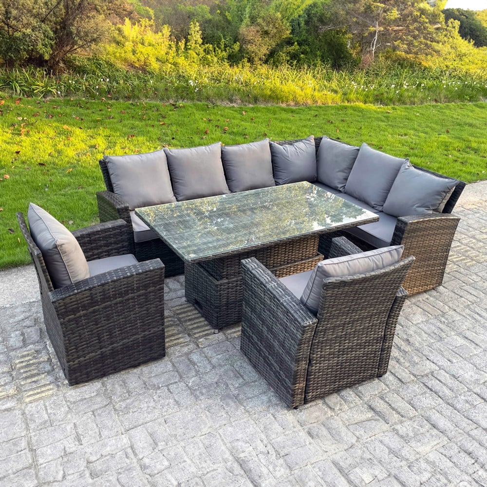 Fimous High Back 8 Seater Rattan Corner Sofa Garden Furniture Set with Adjustable Rising Dining Table & 2 Chairs
