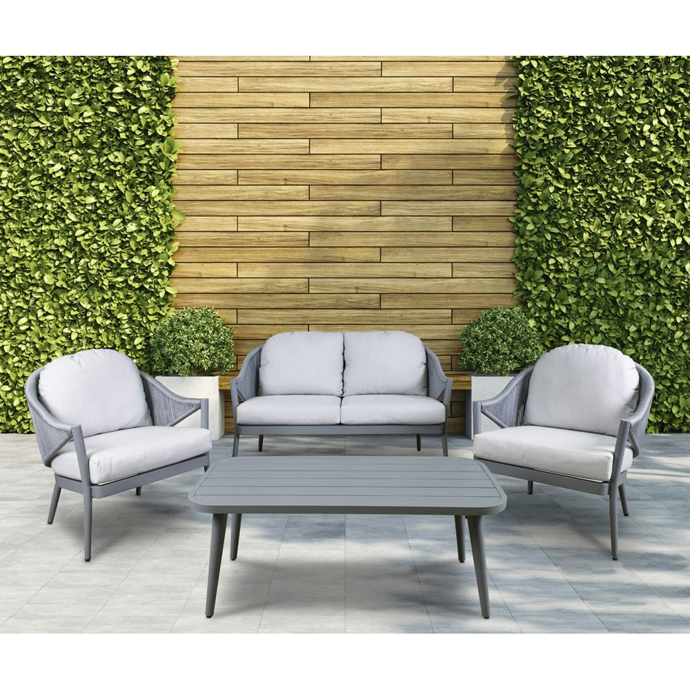 Premium 4 Seater Garden Coffee Table Set 4pc Grey Aluminium Sofa Chair Cushions - LoopsDirect