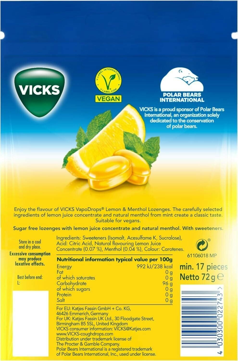 Vicks VapoDrops Eucalyptus Sugar-Free Vegan Lozenges, 10 x 72g