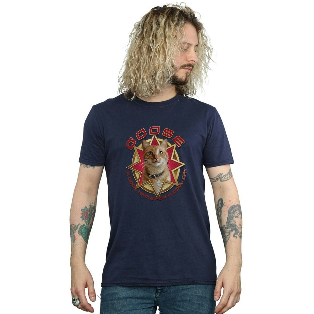 Marvel Mens Captain Marvel Goose Cool Cat T-Shirt - Navy Blue