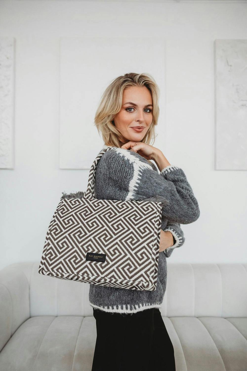 Elie Beaumont Fabric Tote - Grey Ivory Grecian