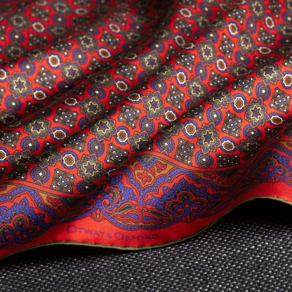 Millefiori silk pocket square in red, blue, green & white by Otway & Orford