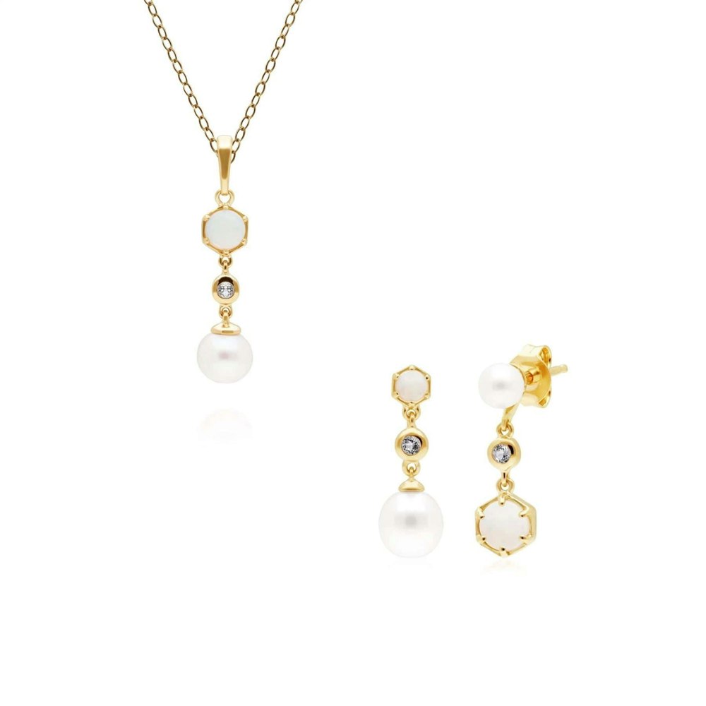 270P030501925-270E030701925 Modern Pearl, Topaz & Opal Pendant & Earring Set in Gold Plated Silver 1