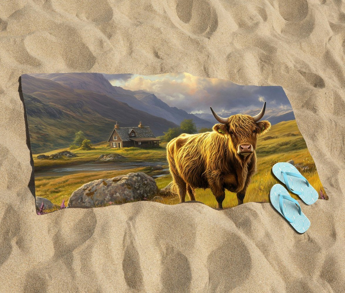 Warren Reed Springtime Highland Cow Beach Towel