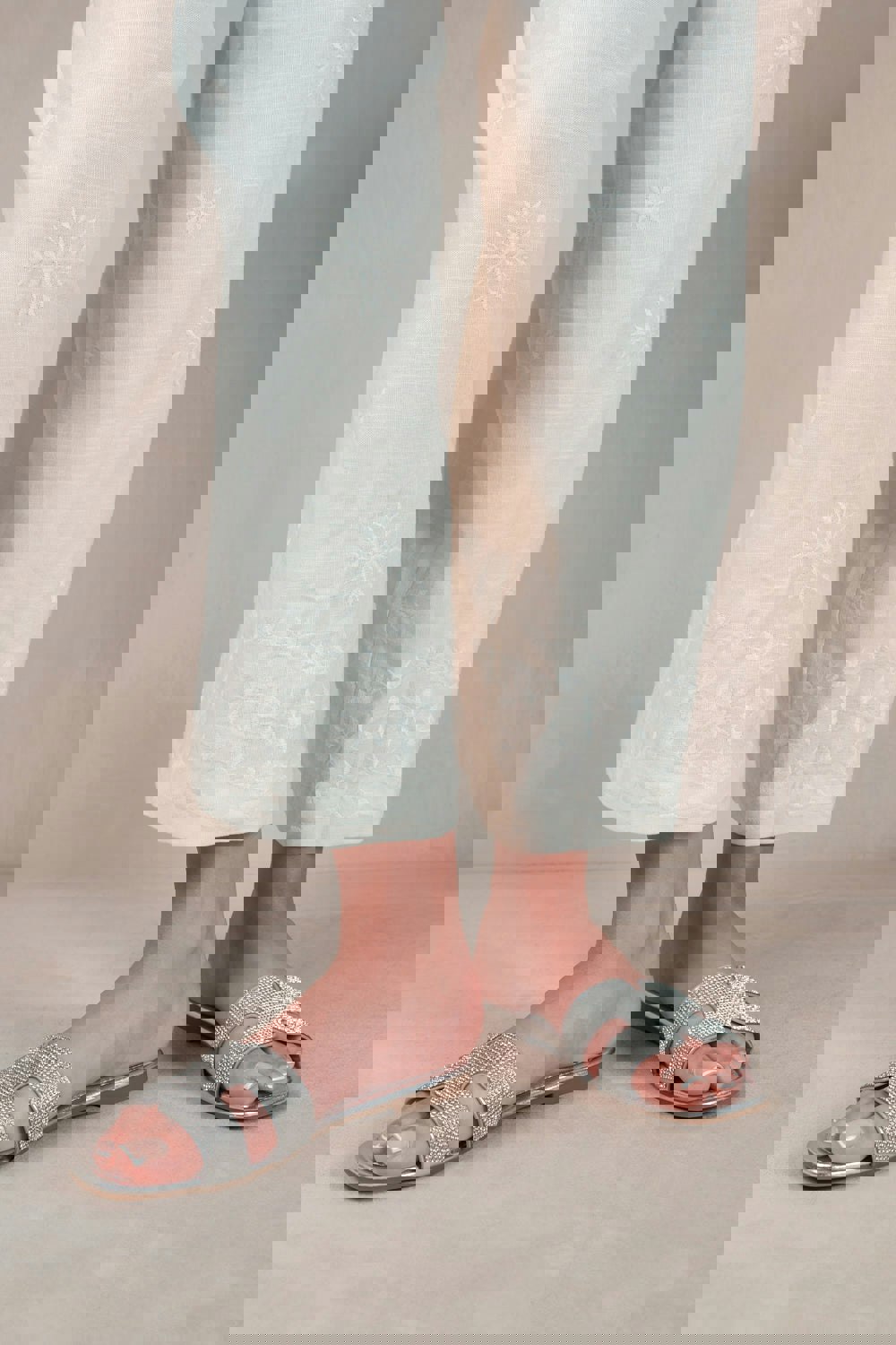 Where's That From Mircle Diamante Sparkly Flat Slider Sandals in Silver