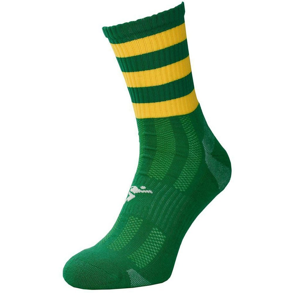 JUNIOR Size 12-2 Hooped Stripe Football Crew Socks GREEN/GOLD Training Ankle