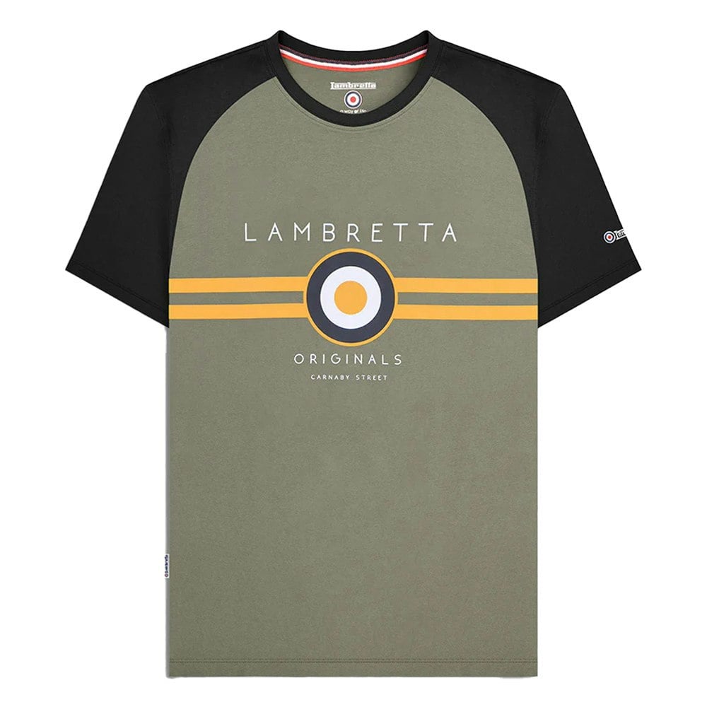 Lambretta Mens SS24 Target Raglan T-Shirt - Black/Gold/Khaki Green
