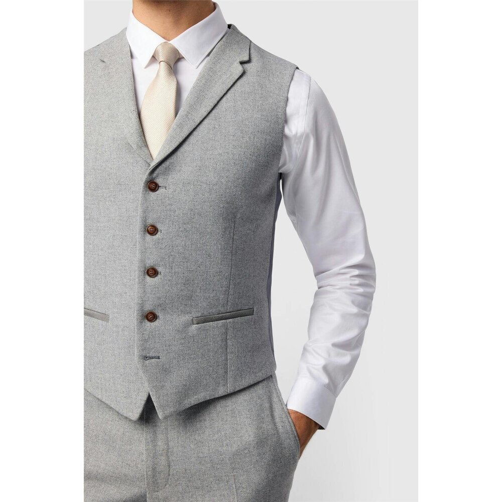 Antique Rogue Slim Fit Pale Grey Herringbone Waistcoat