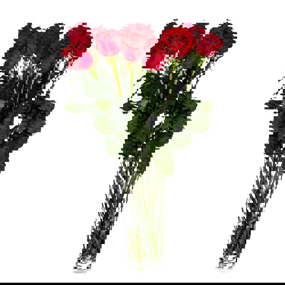 Tall crystal vase with red roses