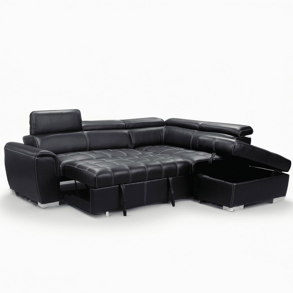 Nevada Black Corner Sofa bed Tilting Headrest + Storage Ottoman