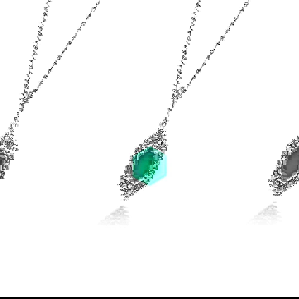Art Deco Style Hexagon Chalcedony and Marcasite Pendant Necklace in Sterling Silver 214P333901925 