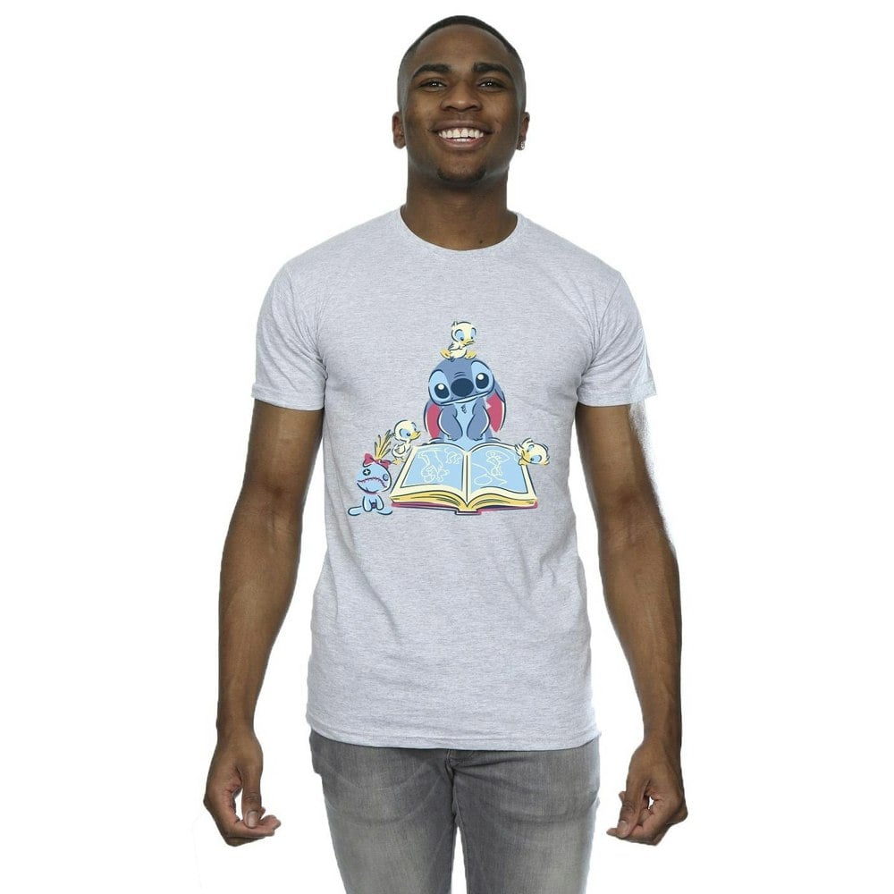 Disney Mens Lilo & Stitch Reading A Book T-Shirt - Sports Grey