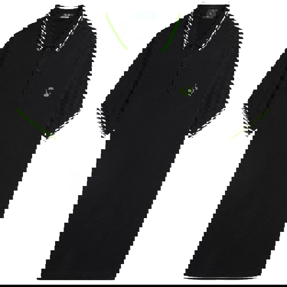 Fred Perry Green and White Twin Tipped Collar Black Polo Shirt XS