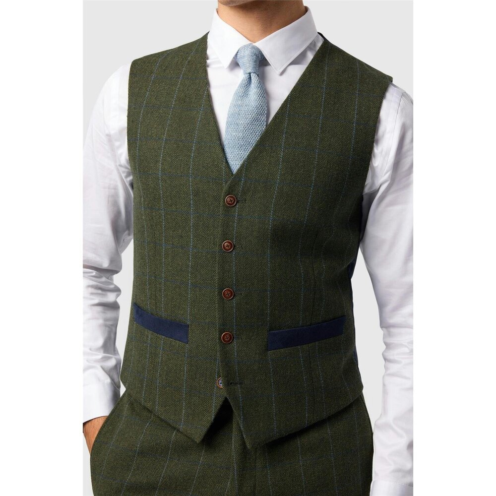 Antique Rogue Slim Fit Hooper Green And Blue Check Tweed Waistcoat