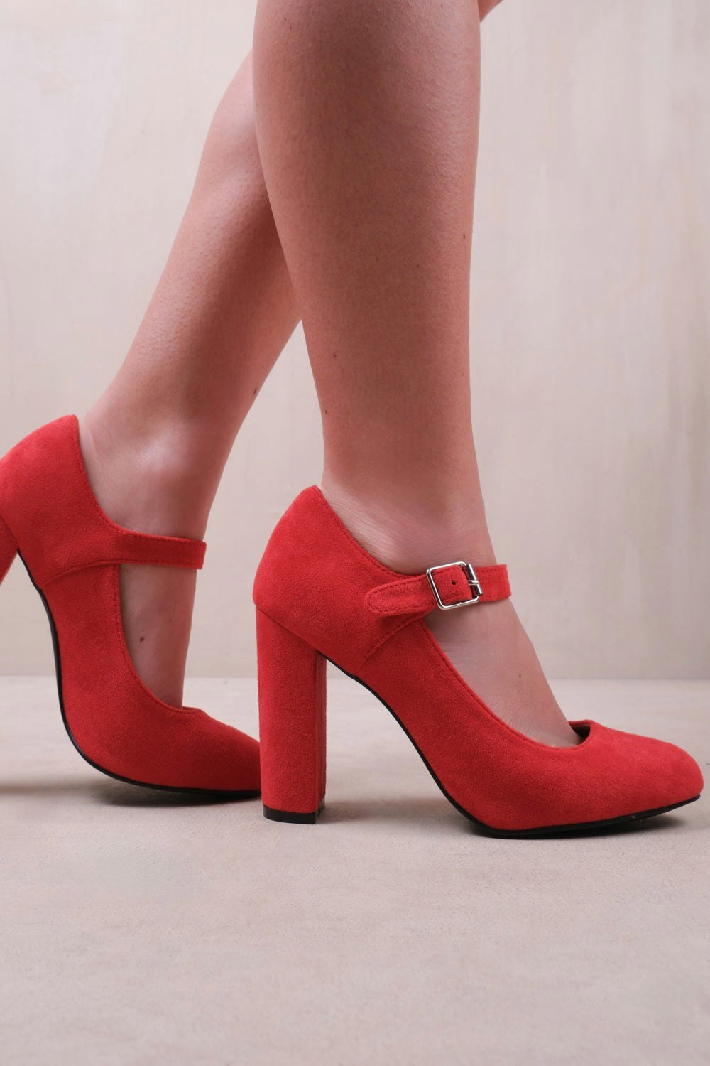 Where's That From Michelle Block High Heel Pump With Front Buckle Strap in Rouge Red Suede