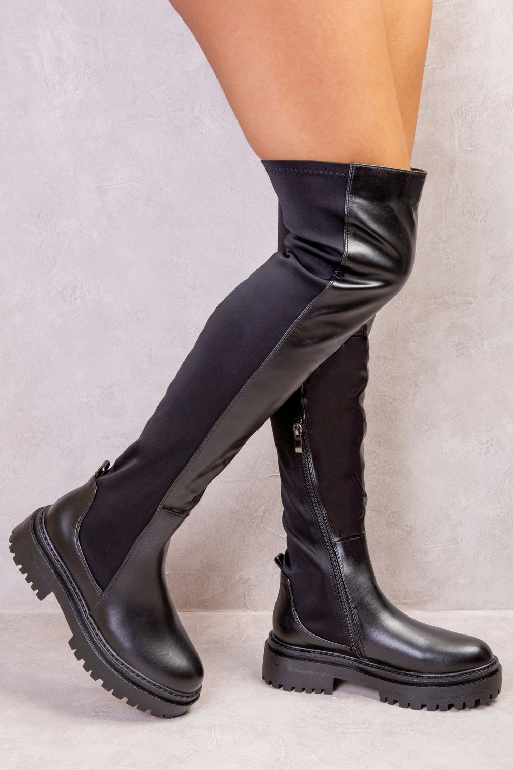 Where's That From Elena Chunky Over the Knee Strech Boot in Black Faux Leather