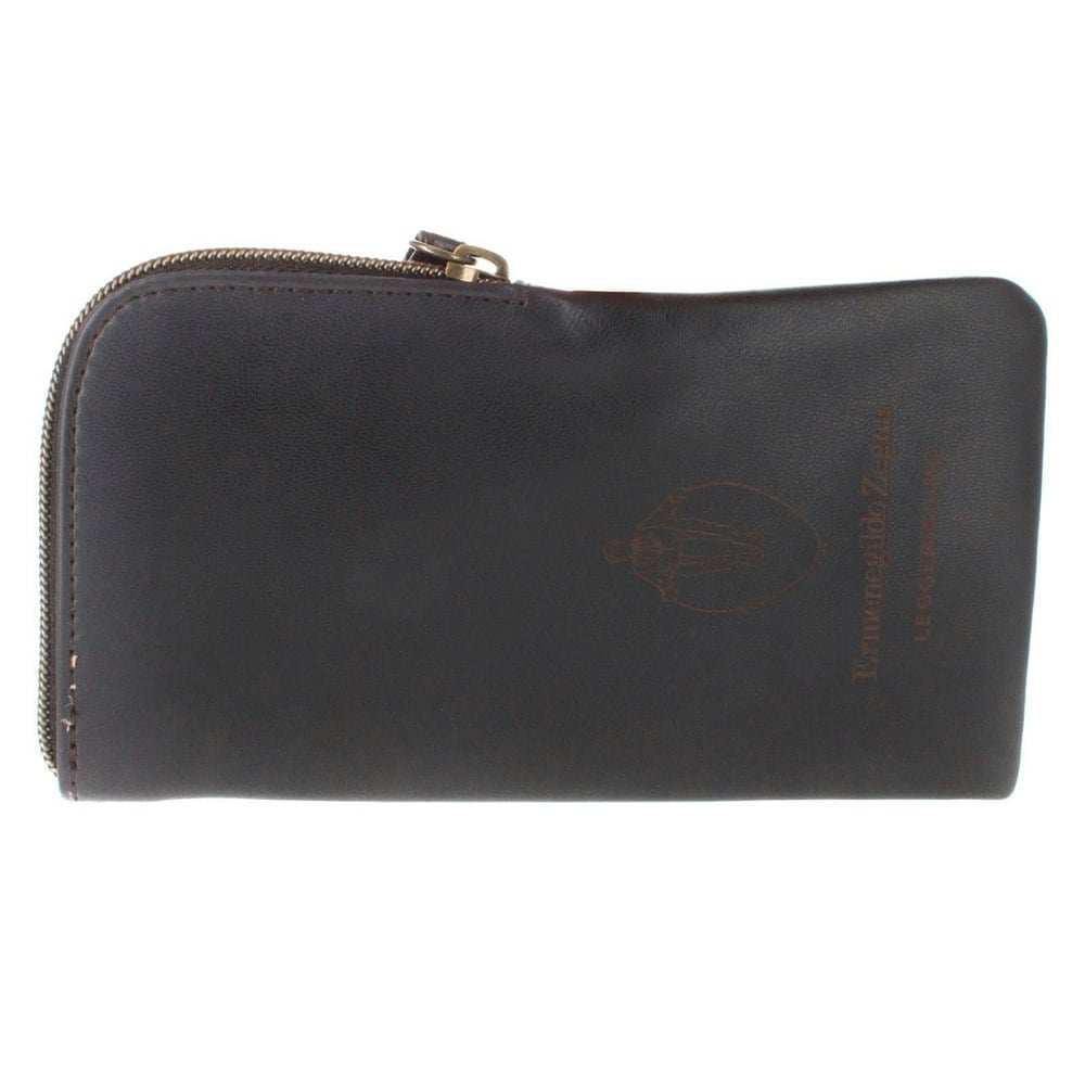 Ermenegildo Zegna Sunglasses Case Brown Leather Zipped Pouch with Cleaning Cloth