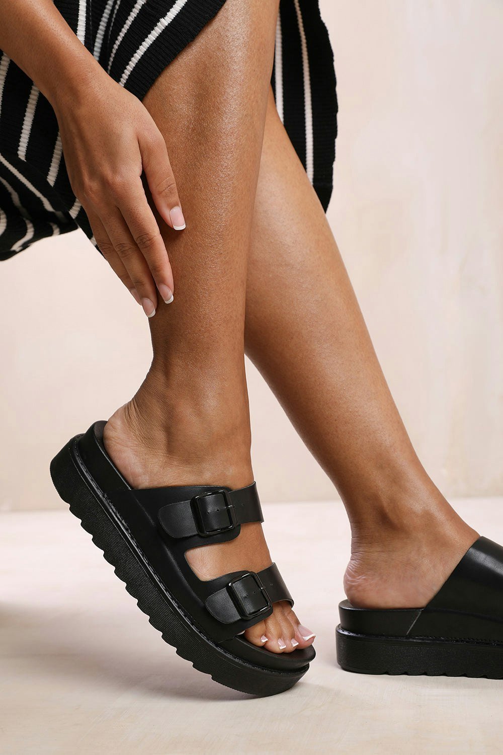 Where's That From Ashley Double Strap Sandals With Buckle Detail in Black Faux Leather